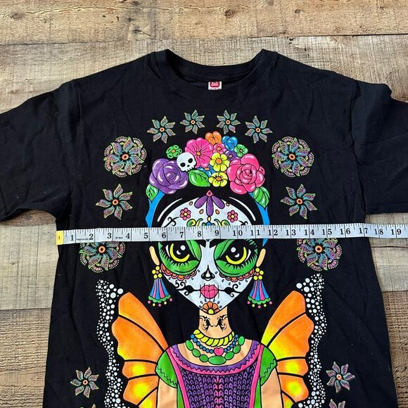 Frida Kahlo Skull Front Back Double Sided Print Short Sleeve Graphic Tee T-shirt - Picture 2 of 5